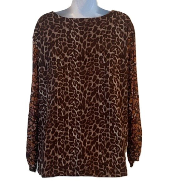 Cato Leopard Print Floral Sleeve Twist Front Cutout Tunic Top Women's, 28W - Picture 4 of 4